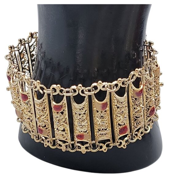 Electroplated Gold on 800 Silver Filigree Panel Bracelet Red White Accents 7.25" - Picture 12 of 15